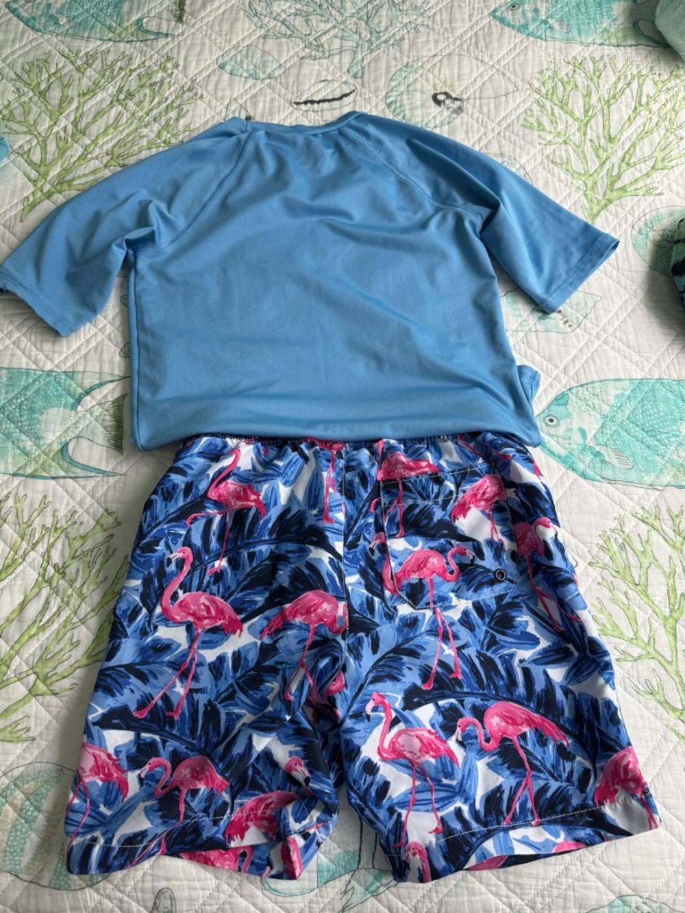 Kids large Blue Rash Guars and large Children’s Place Flamingo Print Swim Trunks